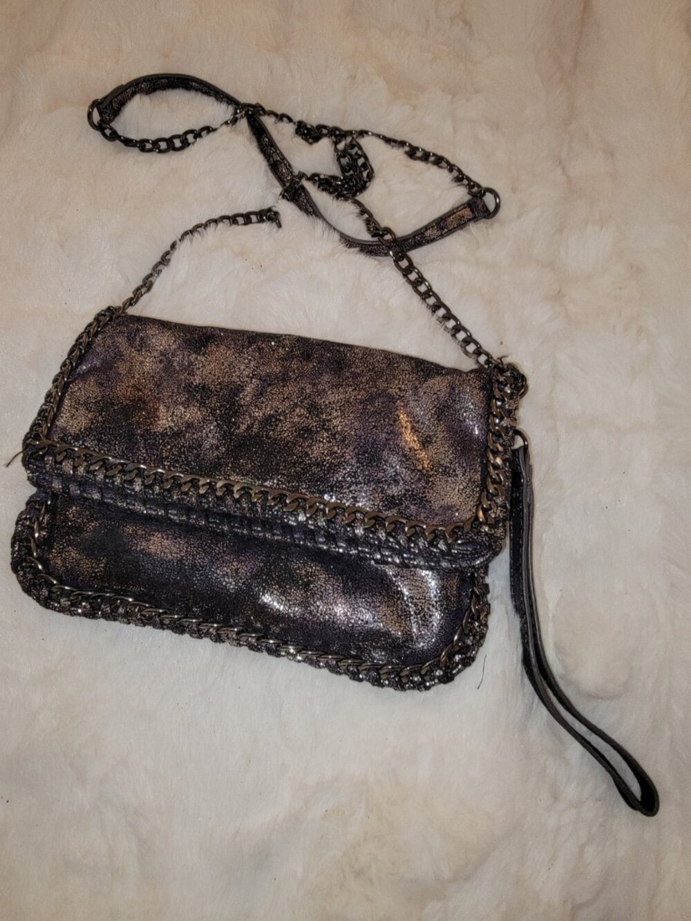 Gunmetal metallic clutch purse with gunmetal chain